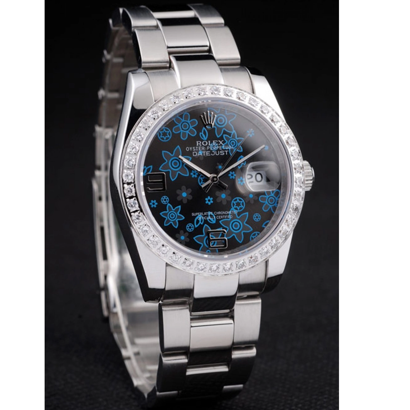 Rolex aaa copy Dark Rolex Polished Stainless Blue Dial Datejust Flowers Steel Diamond Plated 0731